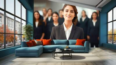 young indian businesswoman standing confidently with staff at office Wall mural