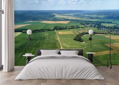 Aerial landscape view of green and yellow cultivated agricultural fields with growing crops on bright summer day Wall mural