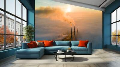 Aerial view of coal power plant high pipes with black smoke moving up polluting atmosphere at sunset. Wall mural