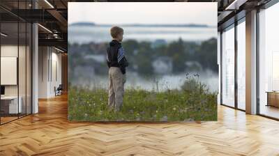 Back of young child boy alone on grassy hill top on foggy village among green trees background. Wall mural