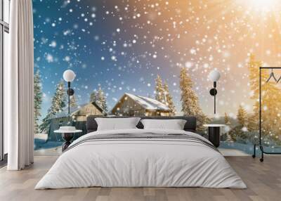 Fairy tale winter sunny landscape. Two weathered wooden shepherd huts on mountain snowy clearing among pine trees on colorful blue sky and snowflakes background. Happy New Year and merry Christmas. Wall mural