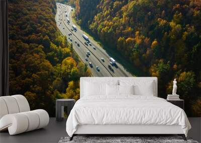 I-40 freeway in North Carolina leading to Asheville through Appalachian mountains in golden fall with fast moving trucks and cars. Interstate transportation concept Wall mural