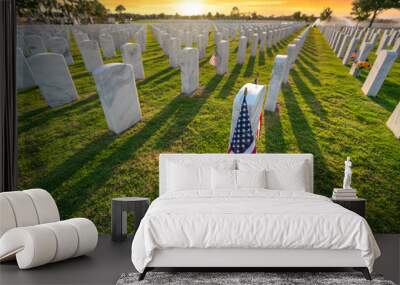 Military burial headstones. Sarasota National Cemetery with rows of white tomb stones and USA flags on green grass. Memorial Day concept Wall mural