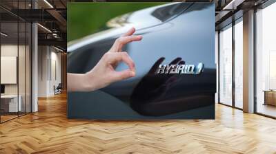 Purchaser hand showing thumb up sign at hybrid car new effective vehicle Wall mural