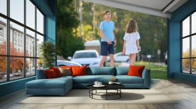 Rear view of two young teenage children, girl and boy, brother and sister walking together on rural street on bright sunny day. Vacation time concept Wall mural