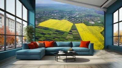 Rural landscape on spring or summer day. Aerial view of green, plowed and blooming fields, house roofs on sunny dawn. Drone photography. Wall mural