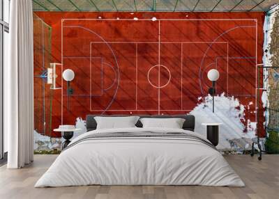 Top graphic view of basketball, volleyball or football court field red background, drone photography. Wall mural