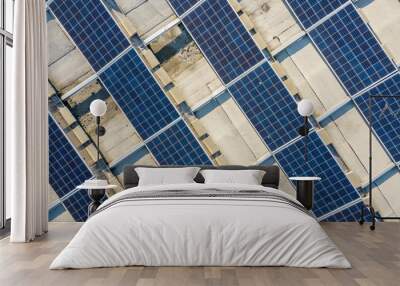 Top view of blue shiny solar photo voltaic panels system producing renewable clean energy abstract background. Wall mural