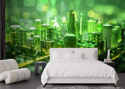 3D AR-enhanced smart city model on a neon green background, highlighting urban connectivity Wall mural