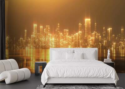 3D view of a golden city skyline, where each building is detailed with shimmering lights, against a dusky sky for a dramatic effect. Wall mural