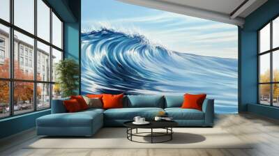 A reflective wave, with the surface of the water mirroring the sky. Wall mural