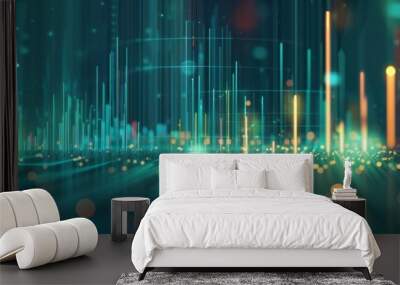 Teal background featuring digital particles and vertical bar lines, creating a fresh and modern look for data analysis Wall mural