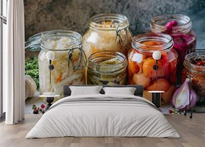 jars of pickled tomatoes and cucumbers wallpaper vibrant collection of assorted fermented foods displayed in clear glass jars, featuring a colorful array of textures and hues from vegetables and fruit Wall mural