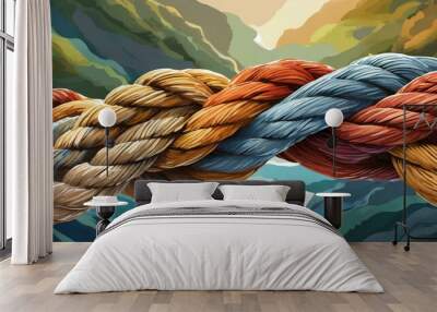 rope on the ship, Team rope diverse strength connect partnership together teamwork unity communicate support. Strong diverse network rope team concept integrate braid color background cooperation empo Wall mural