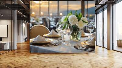 table setting for a wedding reception, Glasses of white wine served on table in restaurant Wall mural