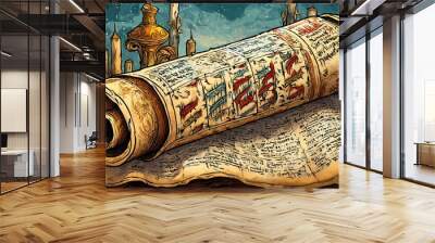 tibetan prayer wheel, old books and money,  a scroll and two candles on a table, a storybook illustration Wall mural