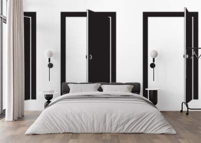 Door icons. Open door sequence. Open, close and ajar door. Opened black and white entrance door set in flat style.. Wall mural