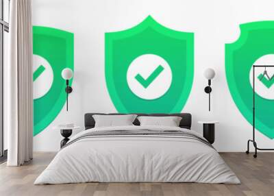 Shield with checkmark. Security shields with tick. Protection approve sign. Security shield protected icon. Security shield symbols. Wall mural