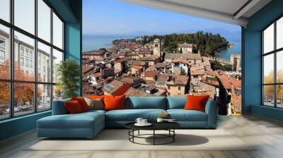 General view of the old town of Sirmione on the southern shore of Lake Garda, Province of Brescia, Lombardy, Italy Wall mural