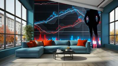 3d rendering or illustration of business man silhouette in front of diagramm and chart showing stock market with risk and possibility Wall mural