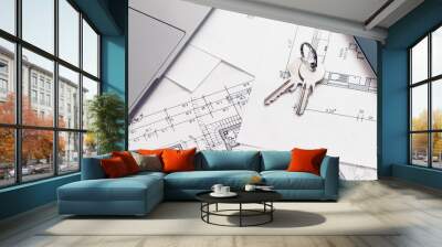 key and architectural blueprint map or drawing of house or future home at landlord real estate agent Wall mural