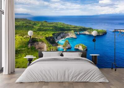 Aerial view at sea and rocks. Turquoise water background from top view. Summer seascape from air. Atuh beach, Nusa Penida, Bali, Indonesia. Travel - image Wall mural