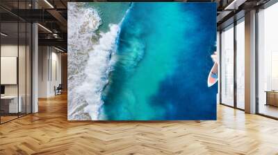 Aerial view of luxury floating boat. Panorama of a coast and fast boat as a background from top view. Travel - image Wall mural