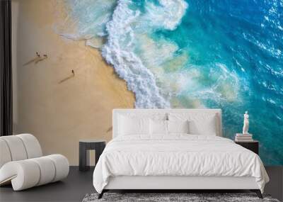 Beach, people and waves. Coast as a background from top view. Blue water background from drone. Summer seascape from air. Nusa Penida island, Indonesia. Travel - image Wall mural