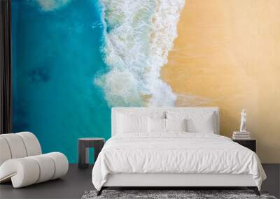 Beach and large ocean waves. Coast as a background from top view. Blue water background from drone. Summer seascape from air. Travel image Wall mural