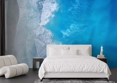 Beach and waves from top view. Turquoise water background from top view. Summer seascape from air. Top view from drone. Travel concept and idea Wall mural