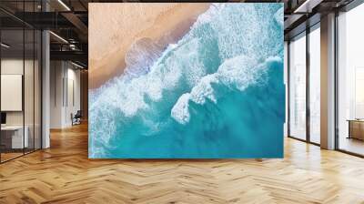 Beach and waves from top view. Turquoise water background from top view. Summer seascape from air. Top view from drone. Travel concept and idea Wall mural