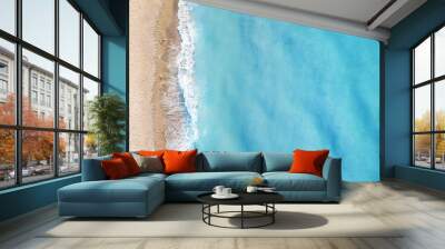 Beach and waves from top view. Turquoise water background from top view. Summer seascape from air. Top view from drone. Travel concept and idea Wall mural