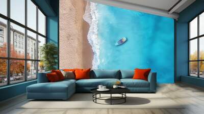 boat on the water surface from top view. turquoise water background from top view. summer seascape f Wall mural