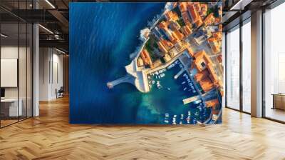 Dudrovnik, Croatia. Aerial view on the old town. Vacation and adventure. Town and sea. Top view from drone at on the old castle and azure sea. Travel - image Wall mural