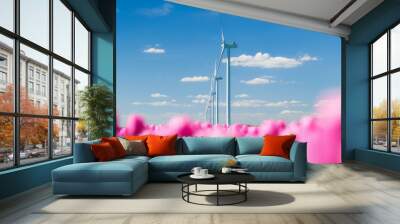 Field with tulips and wind turbines. Green energy production. Landscape with flowers at the day time. Photo for wallpaper and background. Wall mural