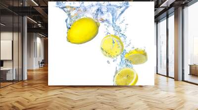 Juicy lemons and water splash. Healthy and tasty food Wall mural