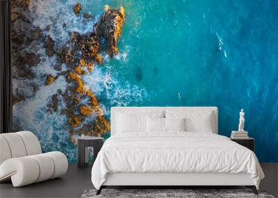 Mediterranean sea. Aerial view on the beach and rocks. Top view from drone at beach and azure sea. Travel and vacation image from air. Wall mural