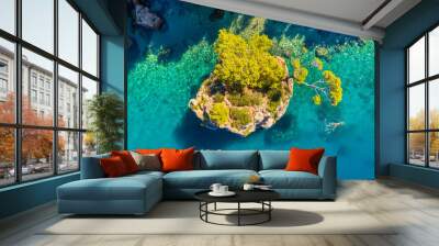 Mediterranean sea. Aerial view on the beach and rocks. Top view from drone at beach and azure sea. Travel and vacation image from air. Wall mural