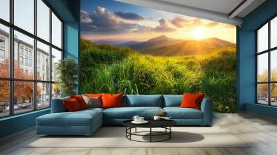 Mountain valley during sunset. Natural summer landscape Wall mural