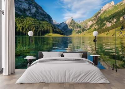 Mountains and lake in the Switzerland. Reflection on the water surface. Natural landscape in the Switzerland at the summer time. Lake and wave Wall mural