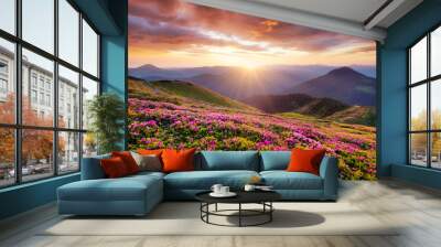 Mountains during flowers blossom and sunrise. Flowers on the mountain hills. Beautiful natural landscape at the summer time. Mountain-image Wall mural