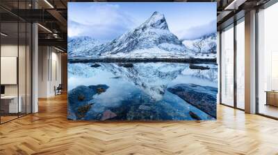 Mountains ridge and reflection on the water surface. Natural landscape in the Norway. Mountains and sea. Norway - travel Wall mural