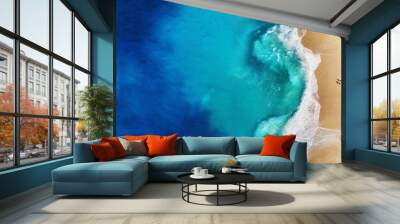 Panorama of a coast as a background from top view. Turquoise water background from top view. Summer seascape from air. Nusa Penida island, Indonesia. Travel - image Wall mural