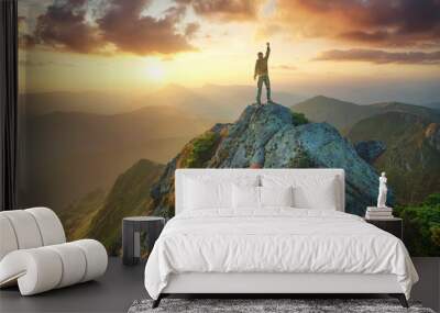 silhouette of a champion on mountain peak. active life concept Wall mural