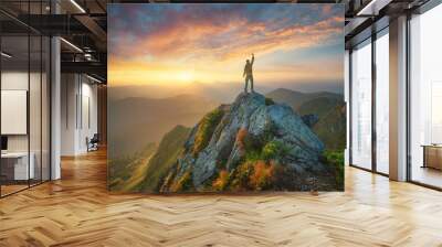 Silhouette of a champion on mountain peak. Active life concept Wall mural