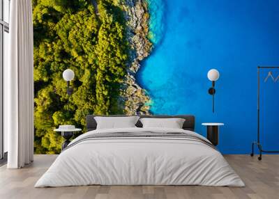 View from the air on the waves and rocks. Sea relaxation and travel. The forest near the sea. Azure water on the sea. A bright sunny day during a summer vacation. Wall mural