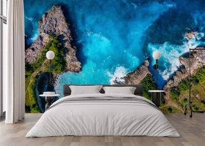 Waves and rocks as a background from top view. Blue water background from top view. Summer seascape from air. Bali island, Indonesia. Wall mural