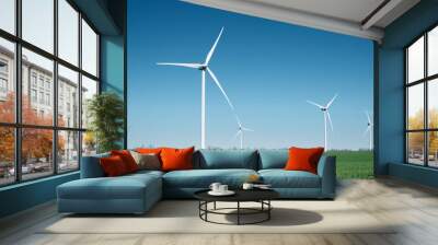 Wind power station on field. Technology and inovation. Green energy composition. Wind turbines. Industrial landscape Wall mural