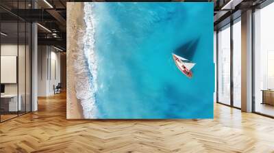 Yacht on the water surface from top view. Turquoise water background from top view. Summer seascape from air. Travel concept and idea Wall mural