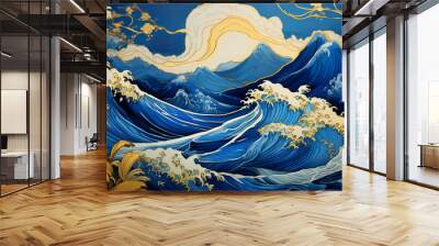  Luxury blue and gold Japanese wave, illustration.  Wall mural